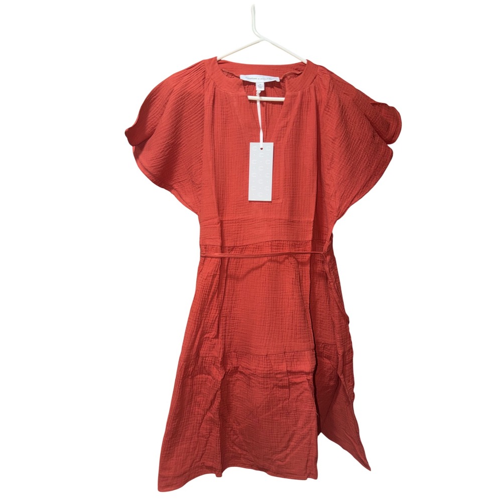 Curations x Nicole‎ Hickl Red Gauze Tiered Midi Dress Belted Flutter Sleeve M